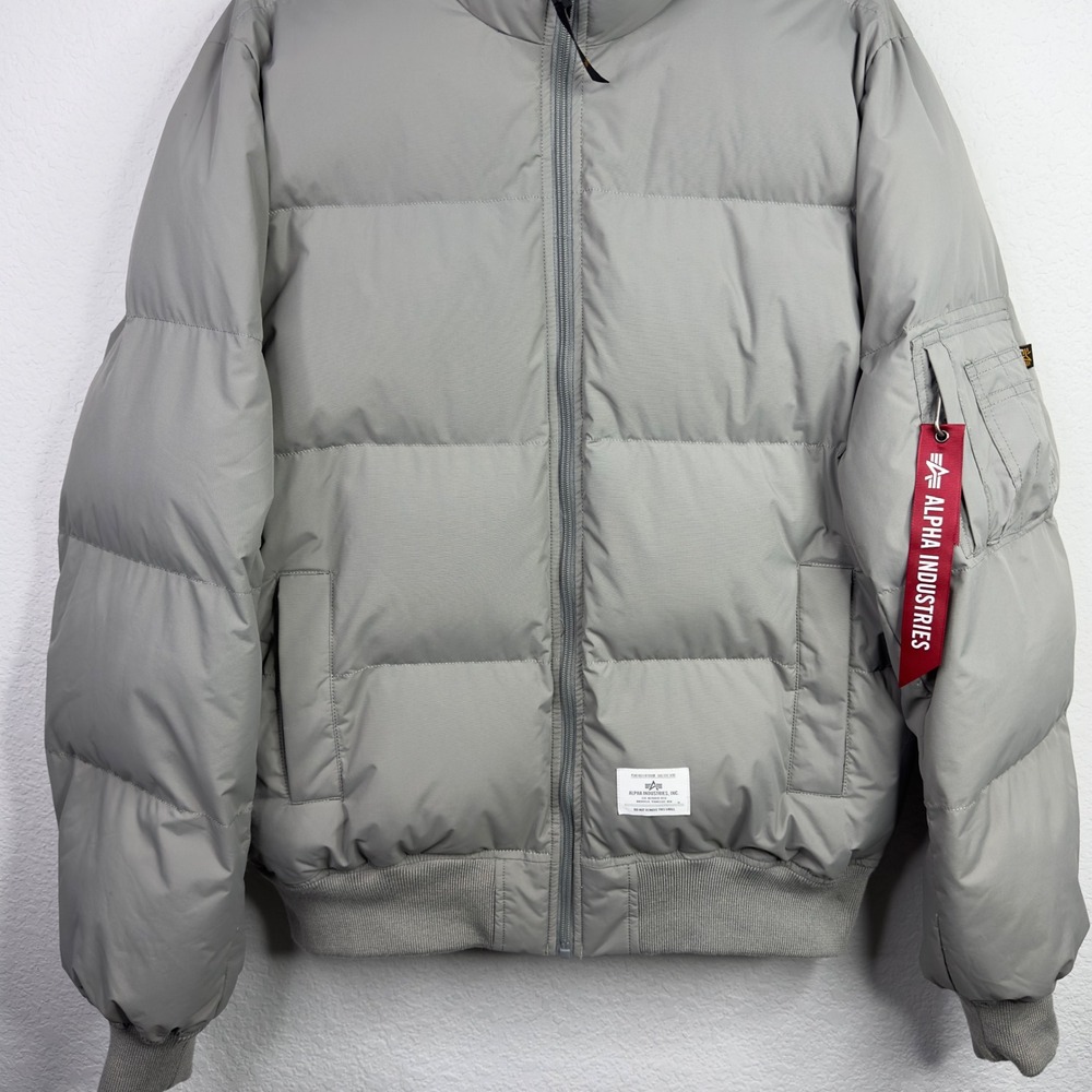 Alpha Industries Puffer Bomber Jacket Mens L Gray Quilted Streetwear Utility - Picture 4 of 12